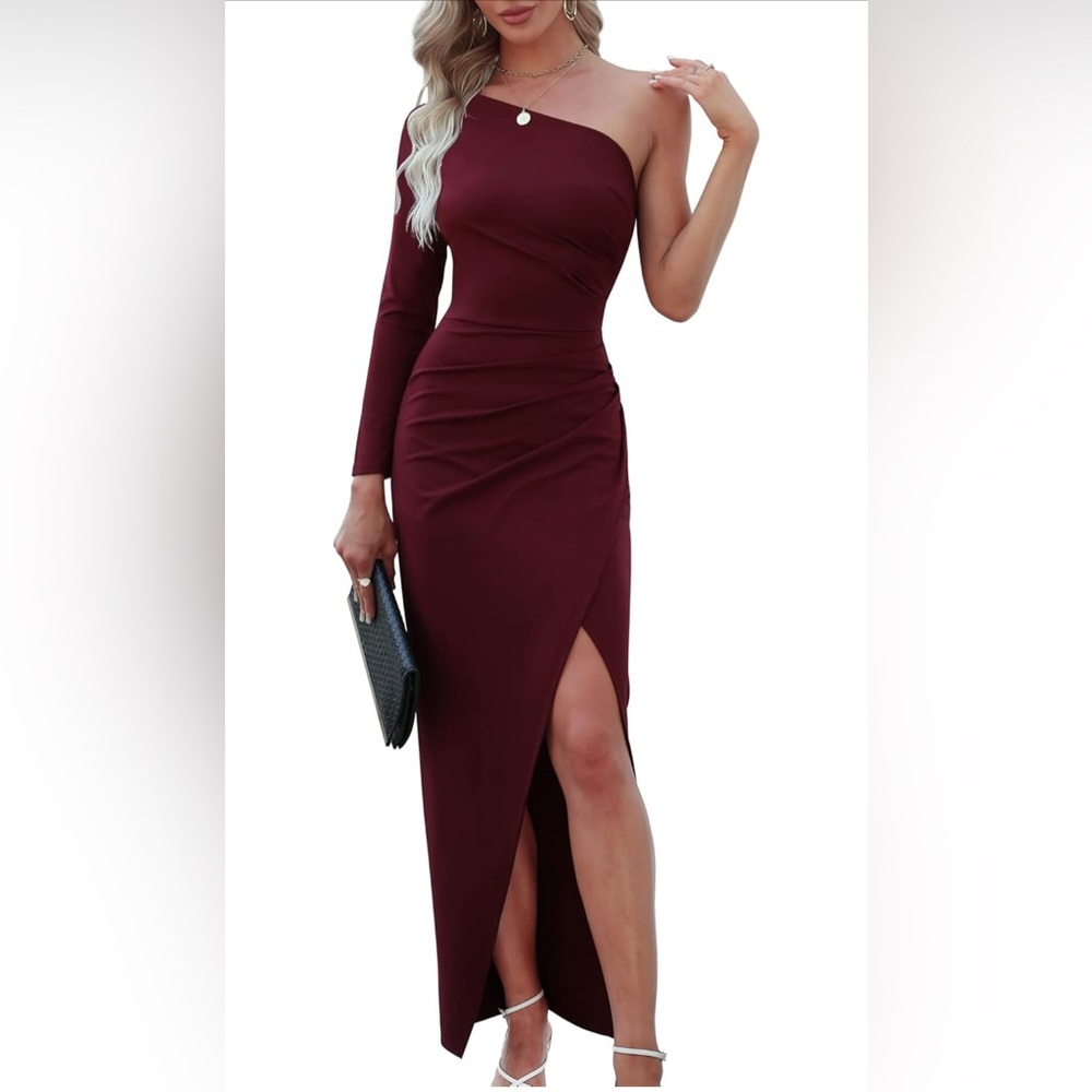 Sarin Mathews burgundy Sexy Bodycon Ruched Wrap Split Party Formal Dress